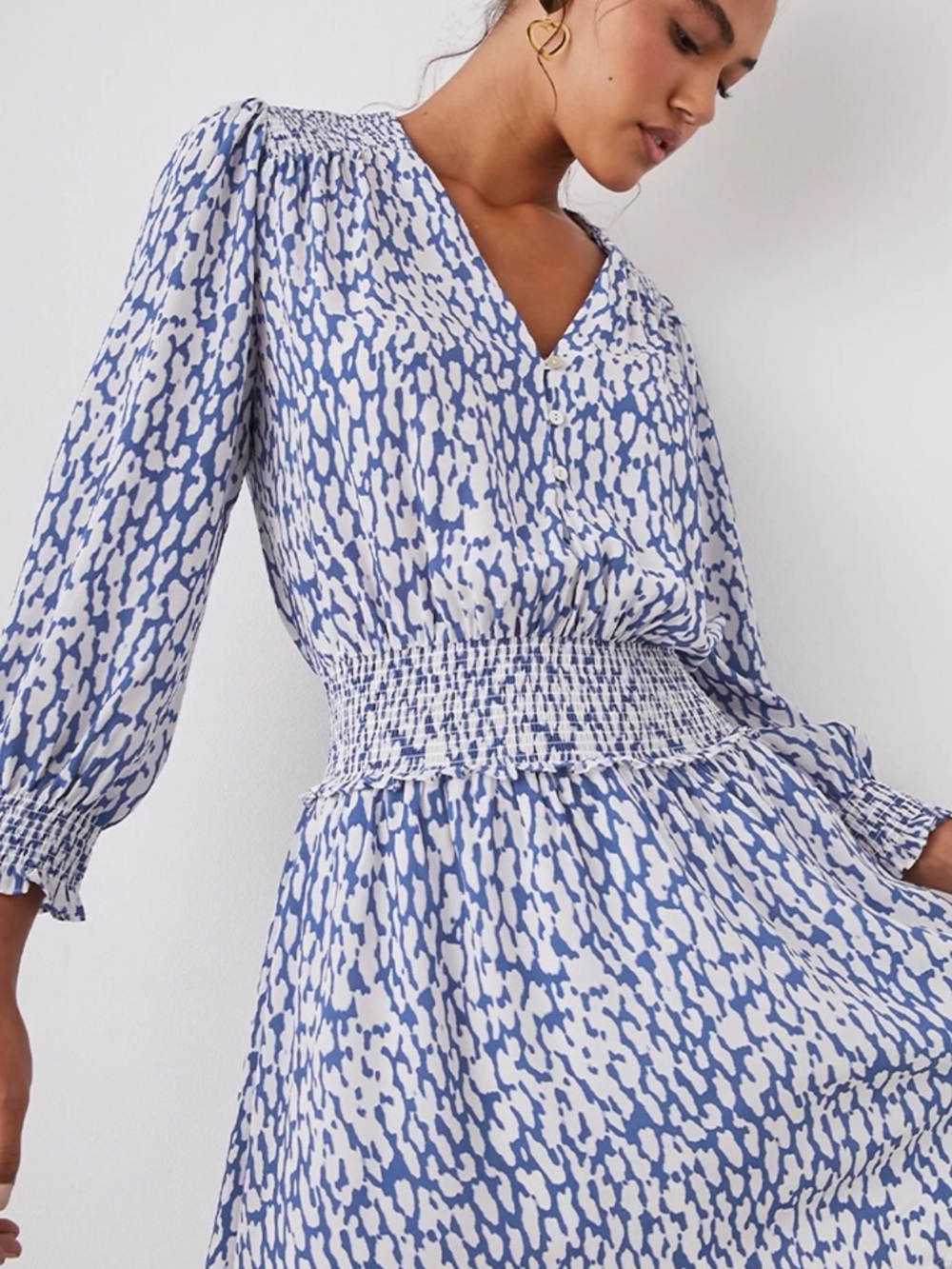 Rails Blue and White Zana Dress Cobalt Leopard Smocked-Waist Long Sleeve Dress